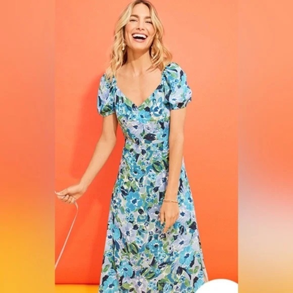LOFT Outlet Blue Floral Puff-Sleeve Midi Dress Women’s Size 8P (Petite) - Picture 2 of 9